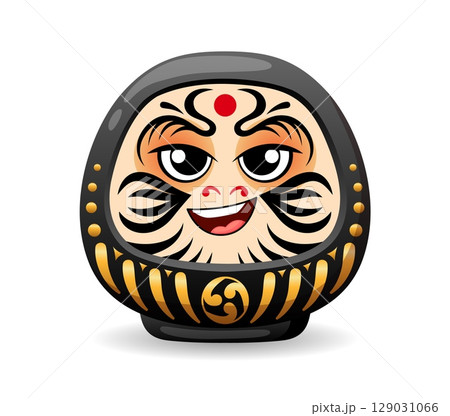 Cartoon Japanese black daruma doll smiling. Isolated vector toy with bold facial features and red dot on forehead symbolizes perseverance, luck and motivation in japan culture. Asian souvenir doll Cartoon Japanese black daruma doll smiling. Isolated vector toy with bold facial features and red dot on forehead symbolizes perseverance, luck and motivation in japan culture. Asian souvenir doll 129031066