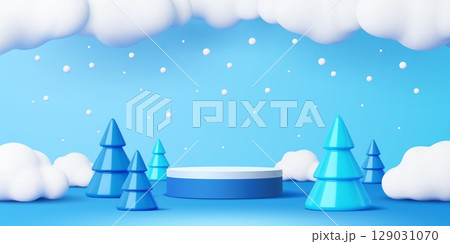 Christmas podium, 3D winter scene with conical trees, fluffy clouds, and falling snowflakes on a bright blue background. Vector round platform for festive or Xmas product display and presentations Christmas podium, 3D winter scene with conical trees, fluffy clouds, and falling snowflakes on a bright blue background. Vector round platform for festive or Xmas product display and presentations 129031070