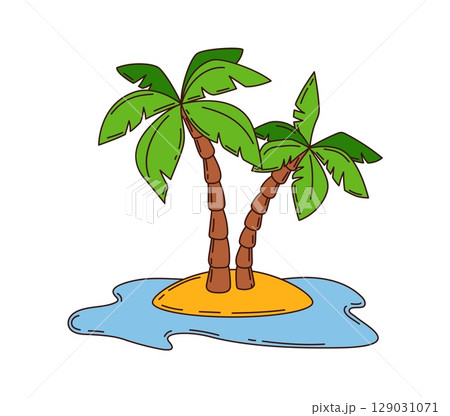 Cartoon groovy pirate island with palm trees, surrounded by sand and blue sea waves. Isolated vector paradise land with slender palm trees swaying in tropical breeze. Treasure island landscape 129031071