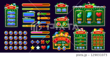Christmas holiday game interface menu panel buttons and bars asset. Vector festive ui elements, icons, sliders and boards for Xmas video game, adorned with candy canes, ornaments, snow and poinsettias 129031073