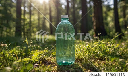 Empty plastic bottle in forest grass - environmental pollution concept with tent in background, summer camping scene with sun glare and waste awareness. Empty plastic bottle in forest grass - environmental pollution concept with tent in background, summer camping scene with sun glare and waste awareness. 129031118