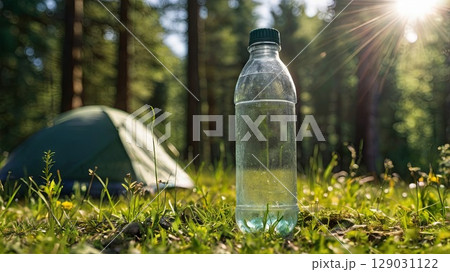Empty plastic bottle in forest grass - environmental pollution concept with tent in background, summer camping scene with sun glare and waste awareness. 129031122
