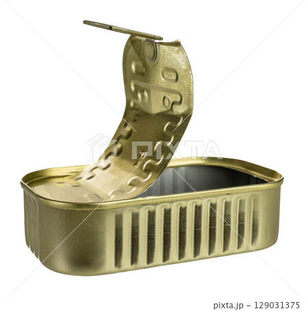 Empty sardine can with open lid on transparent background Empty sardine can with open lid on transparent background 129031375
