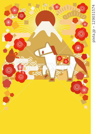 馬と富士山の年賀状イラスト 縦 2026年 馬と富士山の年賀状イラスト 縦 2026年 129031574