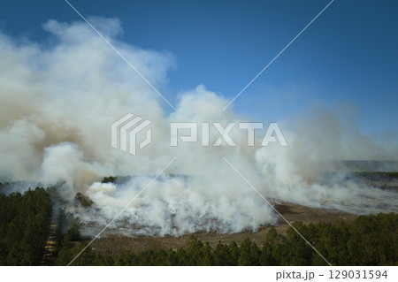 View from above of dense smoke from woodland and field on fire rising up polluting air. Concept of natural disaster 129031594
