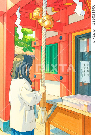 神社でお参りする女性 129031600