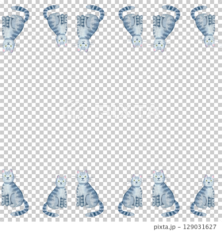 Sitting gray tabby cat with green eyes seamless horizontal border. Cute watercolor illustration isolated on white. Hand-painted perfect for kids product, pet-themed design, greeting card, textile Sitting gray tabby cat with green eyes seamless horizontal border. Cute watercolor illustration isolated on white. Hand-painted perfect for kids product, pet-themed design, greeting card, textile 129031627