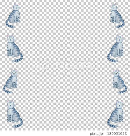 Sitting gray tabby cat with green eyes seamless vertical border. Cute watercolor illustration isolated on white. Hand-painted perfect for kids product, pet-themed design, greeting card, textile Sitting gray tabby cat with green eyes seamless vertical border. Cute watercolor illustration isolated on white. Hand-painted perfect for kids product, pet-themed design, greeting card, textile 129031628