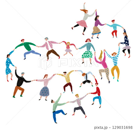手描きイラスト　手をつなぎながら歩く大勢の人々 129031698