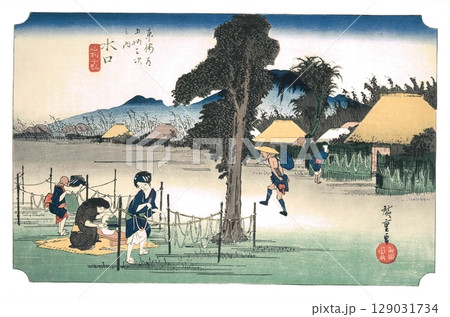 歌川広重 東海道五十三次(保永堂版)#51 水口 名物干瓢 歌川広重 東海道五十三次(保永堂版)#51 水口 名物干瓢 129031734