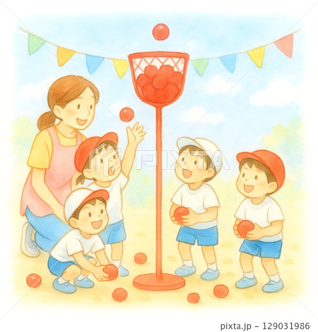 玉入れを楽しむ子どもたちの運動会イラスト 玉入れを楽しむ子どもたちの運動会イラスト 129031986