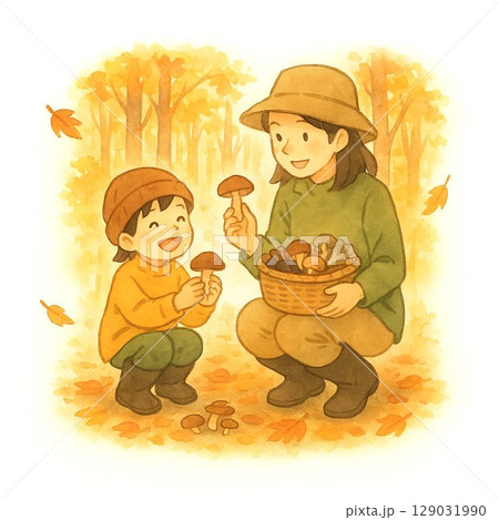 秋の森できのこ狩りを楽しむ親子のイラスト 129031990