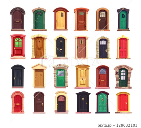 Wooden doors cartoon vector set. Metal loops stone bricks modern arches little glass windows old different entrances, passages gates entryways isolated illustrations on white background 129032103