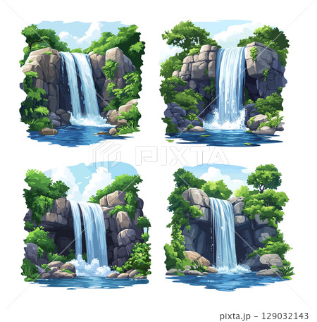 Waterfalls cascading torrents cartoon vector set. Cliffs rocky turquoise pools drops crystal water lush jungle nature power hidden oasis canyons tropical paradise spray lagoon forest backdrop Waterfalls cascading torrents cartoon vector set. Cliffs rocky turquoise pools drops crystal water lush jungle nature power hidden oasis canyons tropical paradise spray lagoon forest backdrop 129032143