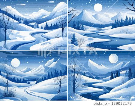 Snowy winter landscape cartoon scenes. Frozen trees white blanket peaceful scene icy branches cold tranquility mountain backdrop soft flakes quiet village frosty morning crystal lake cozy cabins sun 129032179