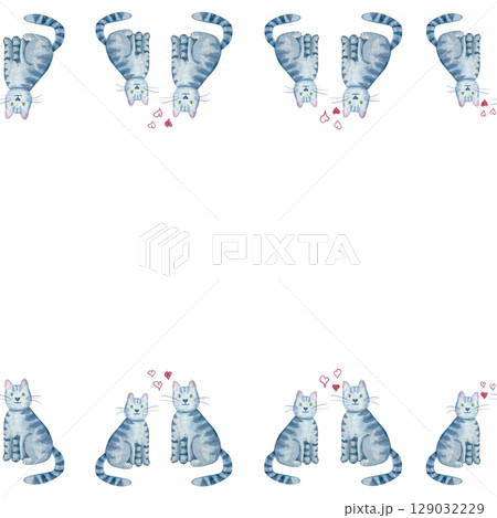 Gray tabby cats sitting in pairs with pink hearts above them. Seamless watercolor border. Hand-painted horizontal art ideal for Valentines Day cards, romantic invitations, cute animal-themed designs Gray tabby cats sitting in pairs with pink hearts above them. Seamless watercolor border. Hand-painted horizontal art ideal for Valentines Day cards, romantic invitations, cute animal-themed designs 129032229