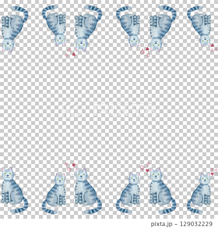 Gray tabby cats sitting in pairs with pink hearts above them. Seamless watercolor border. Hand-painted horizontal art ideal for Valentines Day cards, romantic invitations, cute animal-themed designs Gray tabby cats sitting in pairs with pink hearts above them. Seamless watercolor border. Hand-painted horizontal art ideal for Valentines Day cards, romantic invitations, cute animal-themed designs 129032229