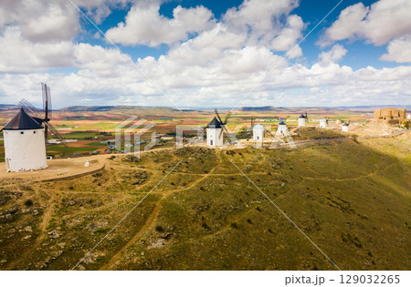 Aerial view of Route of Don Quixote with windmills in Consuegra Aerial view of Route of Don Quixote with windmills in Consuegra 129032265