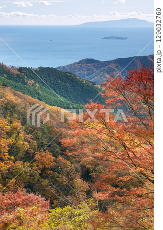 湯河原・椿ラインから望む絶景。紅葉の山々と相模湾に浮かぶ初島。 湯河原・椿ラインから望む絶景。紅葉の山々と相模湾に浮かぶ初島。 129032760