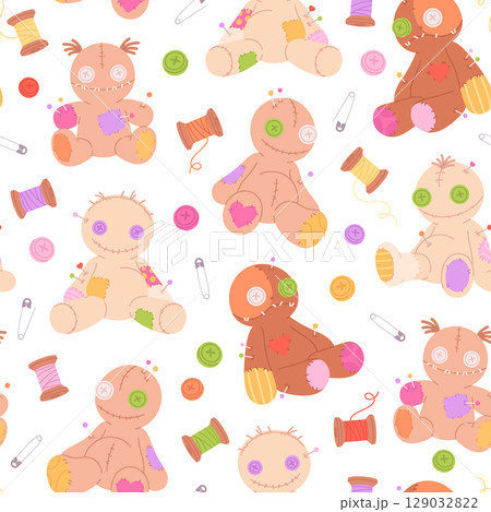 Voodoo dolls seamless pattern. Creepy with toys with pins, stitch, patches. Scary halloween style print for fabric, wallpaper, wrapping, racy vector background 129032822