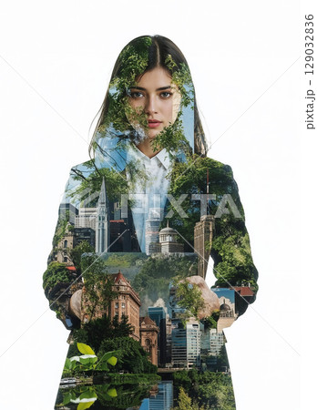 Double exposure of a woman in a suit and a serene landscape with a city, symbolizing work-life balance and a connection to nature. 129032836