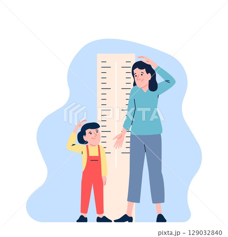Measuring own height. Little child stand with mother near wall sticker ruler and measure who is taller. Girl growth progress, recent vector scene Measuring own height. Little child stand with mother near wall sticker ruler and measure who is taller. Girl growth progress, recent vector scene 129032840