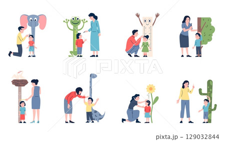 Parents measuring height. Chart for measure children growth. Wall sticker rulers with animal faces. Kids standing and parent fixing measurement, recent vector set 129032844
