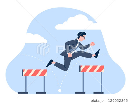 Businessman over hurdles. Male jump barriers, running and jumping hurdle. Business challenge, problems and difficulties overcomes, recent vector concept 129032846
