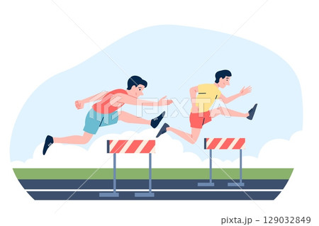 Hurdles competition. Male athletes in uniform fast run and jumping hurdle. Professional runners with barriers sport championship, recent vector scene 129032849