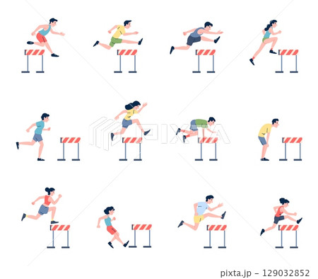 Hurdles race characters. Male female jump over hurdle, sport competition. Athletes on obstacle running championship, recent vector flat clipart 129032852