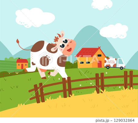 Happy cartoon cow on green meadow. Milk dairy transportation, village landscape with farm animal, mountains, houses. Funny childish vector illustration Happy cartoon cow on green meadow. Milk dairy transportation, village landscape with farm animal, mountains, houses. Funny childish vector illustration 129032864