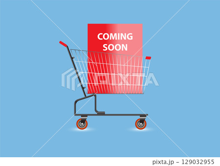Shopping cart with Coming Soon word on blue background. 129032955