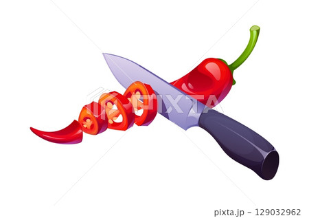Chili pepper cutting icon for kitchen utensil and cooking process, cartoon vector. Red chili pepper cutting with knife into slices for food cook process, preparation utensil and kitchenware equipment Chili pepper cutting icon for kitchen utensil and cooking process, cartoon vector. Red chili pepper cutting with knife into slices for food cook process, preparation utensil and kitchenware equipment 129032962