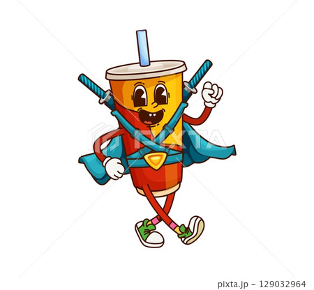 Cartoon groovy soda drink fast food character with blue cape and twin katana swords on back. Vector retro y2k comic personage, funky fastfood superhero with straw, happy smiling face and hippie vibe 129032964