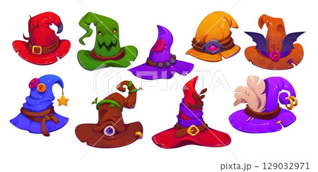 Halloween witch and wizard hats, vector magic costumes of Halloween trick or treat horror night holiday. Cartoon witch hats, evil wizard and magician caps with bat wings, stars and feathers decor 129032971