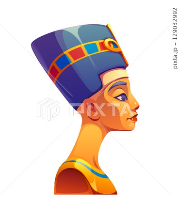Egyptian queen profile, ancient Egypt game icon, treasure asset. Cartoon vector female head wearing a blue and gold crown, symbolizing deity, royalty, heritage, historical elegance and antique culture 129032992