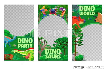 Dino party flyer template with frames for kids entertainment event, vector banners. Prehistoric baby dino and Jurassic dinosaurs with funny reptiles in jungle forest for social media frames 129032993