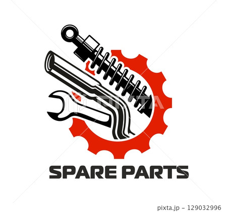 Car auto spare parts icon in black and red. Vector mechanical emblem featuring wrench, shock absorber, bent pipe and gear wheel. Industrial symbol for automotive repair, maintenance or vehicle service 129032996
