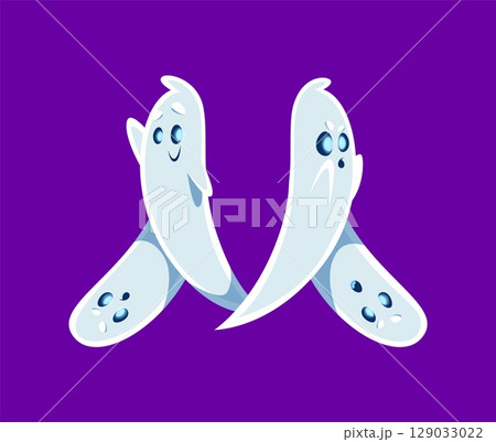Halloween font M letter ghost cartoon cute character. Cheerful Halloween monster latin alphabet symbol, phantom personage or funny ghost character font typeset vector element. English ABC letter Halloween font M letter ghost cartoon cute character. Cheerful Halloween monster latin alphabet symbol, phantom personage or funny ghost character font typeset vector element. English ABC letter 129033022