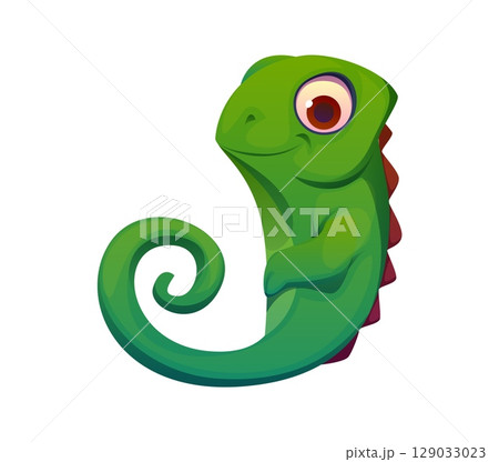 Letter J kids animal alphabet as a chameleon with a curled tail and green body. Cartoon funny zoo mascot font, children English typeface, letter type. Cute reptile abc character for children learning Letter J kids animal alphabet as a chameleon with a curled tail and green body. Cartoon funny zoo mascot font, children English typeface, letter type. Cute reptile abc character for children learning 129033023
