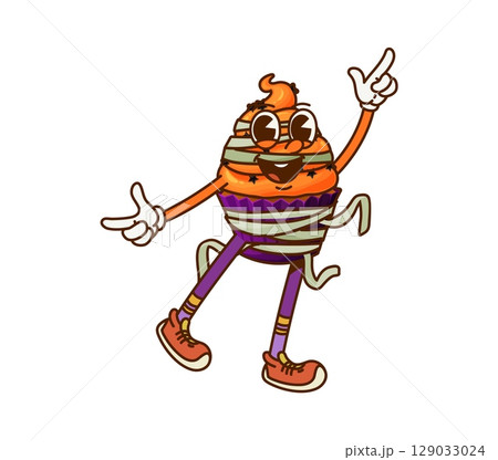 Cartoon groovy Halloween mummy cupcake sweets and candy character. Isolated vector festive bakery muffin with star sprinkles. Spooky pastry retro personage wrapped in bandage ready for trick or treat 129033024