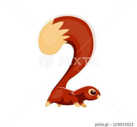 Autumn animal font squirrel digit 2 two. Thanksgiving alphabet font digit, autumnal vector kids ABC typeface figure. Fall season typeface numeral symbol or autumn harvest math type number 129033025