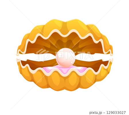 Pearl shell or scallop oyster with pearl, cartoon seashell with treasure jewelry, isolated vector. Open scallop shell or yellow mother pearl seashell with pearl ball for undersea or underwater mollusk 129033027