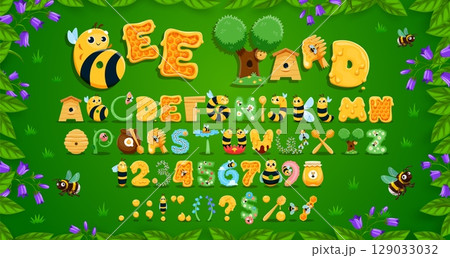 Funny beekeeping typeface, cartoon honey bee font, apiary type, kids english alphabet vector typography. Honey and bee characters font letters and numbers, honeycombs, jars and hives in flowers frame 129033032