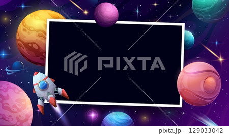 Galaxy space birthday photo frame. Cartoon kids space background with rocket, planets and stars. Vector border with cosmos and flying shuttle in purple starry sky. Template with starship in Universe 129033042