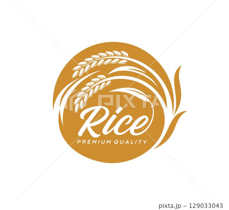 Rice ear icon, vector emblem with round golden frame of cereal stalks and premium quality typography. Paddy rise organic natural product label for agriculture field production advertising or package 129033043