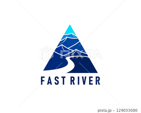 Fast river water road path icon. Vector modern triangular label in blue colors, featuring mountain peaks and a winding river, symbolizing speed, nature and adventure, wanderlust, hiking or travel Fast river water road path icon. Vector modern triangular label in blue colors, featuring mountain peaks and a winding river, symbolizing speed, nature and adventure, wanderlust, hiking or travel 129033080