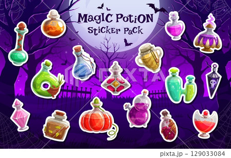 Cartoon Halloween magic potion bottles stickers pack. Vector patches with witch brews, mystical glass vials filled with magical spell drinks and colorful liquids at spooky mysterious dark cemetery 129033084