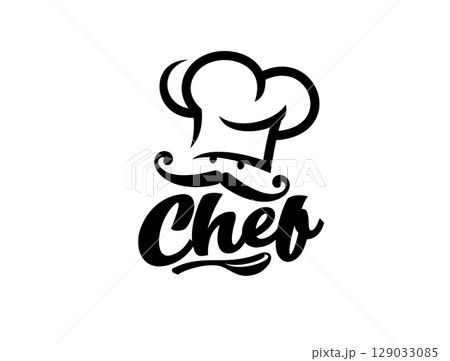 Chef cook character icon. Vector black and white cooking label featuring mustached chef personage in toque hat with a ladle and elegant script. Culinary and restaurant food minimalist emblem Chef cook character icon. Vector black and white cooking label featuring mustached chef personage in toque hat with a ladle and elegant script. Culinary and restaurant food minimalist emblem 129033085