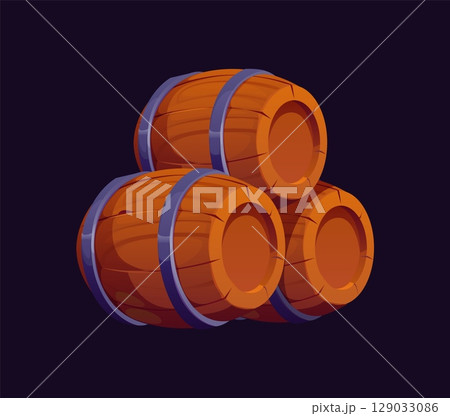 Cartoon barrels or pirate rum, corsair gunpowder or water, vector icon. Three wooden barrels pile with rum or cannon powder for seafaring beverage or marine ship cask and nautical boat keg containers Cartoon barrels or pirate rum, corsair gunpowder or water, vector icon. Three wooden barrels pile with rum or cannon powder for seafaring beverage or marine ship cask and nautical boat keg containers 129033086